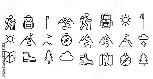 Hiking and adventure icons including backpack, compass, mountain, and sun symbols