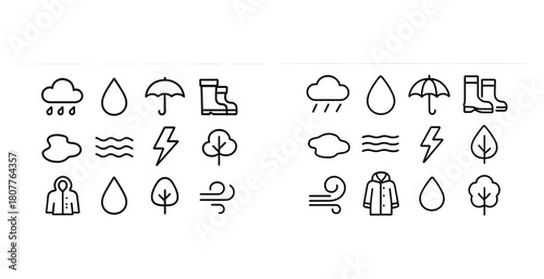 Weather icons set: clouds, raindrops, umbrella, boots, lightning, trees, wind, coat