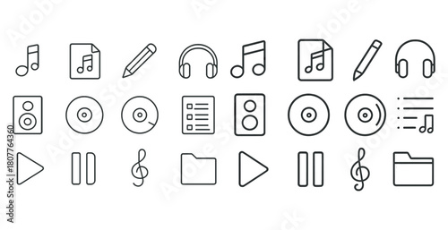 Music icons set: notes, headphones, play, pause, speaker symbols