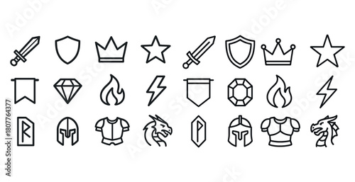 Set of medieval and fantasy icons featuring weapons, shields, crowns, and dragons