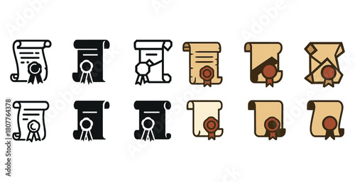 Various certificate icon designs featuring scrolls and seals