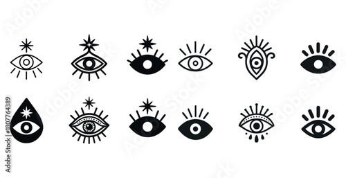 Mystical eye symbol collection: intricate black glyphs of eyes and stars