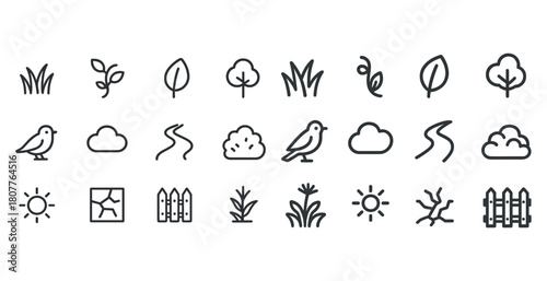 Minimalistic nature icons: plants, trees, birds, clouds, and sun designs
