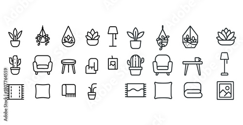 Minimalist home icons: plants, furniture, decor essentials