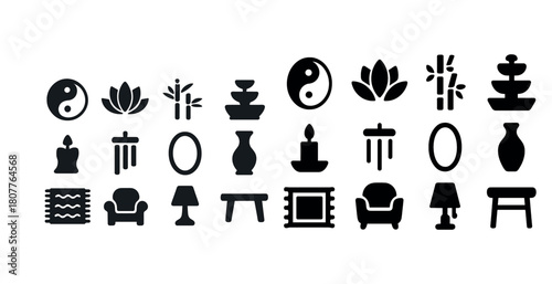Minimalist feng shui icons collection featuring yin yang, plants, and home decor elements