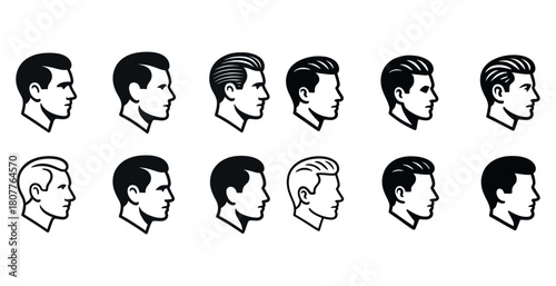 Set of 12 male hairstyles: diverse haircuts in black and white design