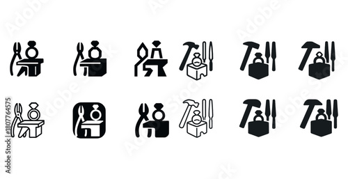 Black and white icons of jewelry crafting with tools and workbench elements