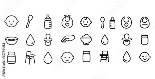 Outline of baby care icons: bottles, bibs, pacifiers, and feeding accessories