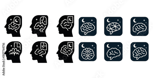 Abstract human head and brain icons depicting night, imagination, and thought in black and white design