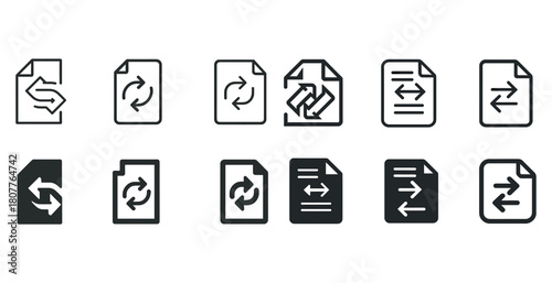 Set of document synchronization and file sharing icons in black and white