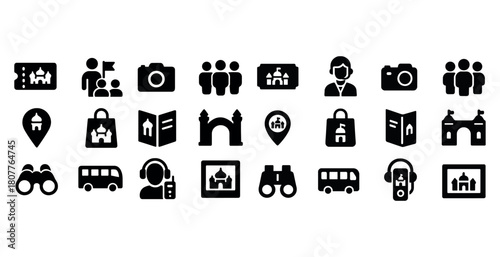 Travel icons set: sightseeing, transportation, landmarks, tour guide, camera