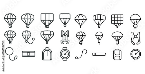 Set of parachute icons with hot air balloons and accessories in line art style