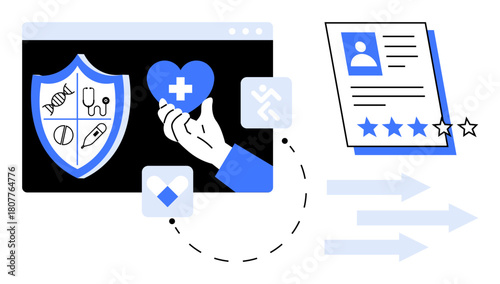 Hand holding heart in front of health-themed shield, digital profile with ratings, and arrows indicating service processes. Ideal for healthcare, insurance, trust, ratings, medical services, user