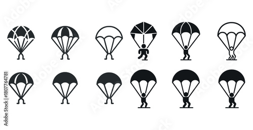 Diverse parachute icon set depicting various stages of landing, featuring black silhouettes