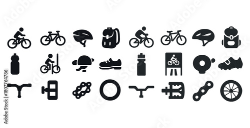 Cycling icons set: helmets, backpacks, bicycles, bottle, shoe, chain, wheel in black and white