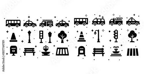 City transportation icons: cars, buses, traffic lights, and urban elements
