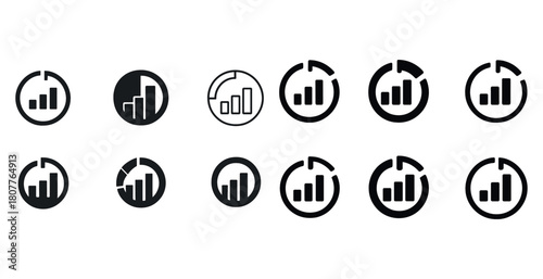 Set of twelve black and white circular bar chart logos with various designs
