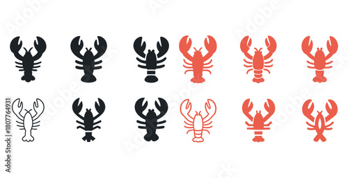 Variety of lobster icons in black, red, and white on white background