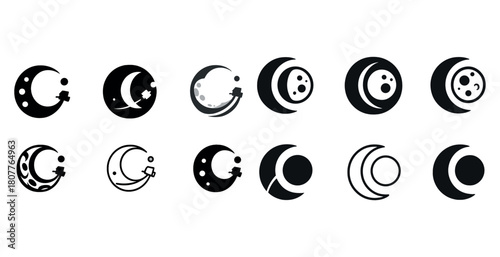 Set of crescent moon symbols with star and circle variations
