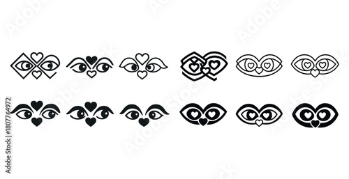 Set of heart and eye icon designs in black and white