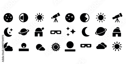 Astronomy icons: telescope, planet, sun, moon, stars, observatory silhouettes