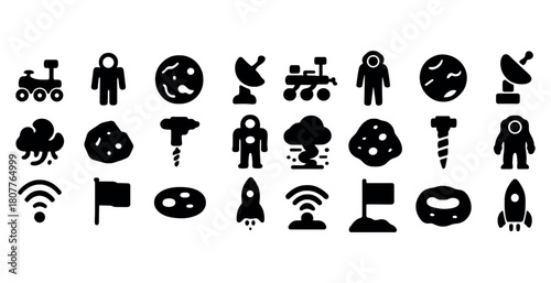 Space exploration icons: rover, astronaut, satellite, rocket, planet, flag