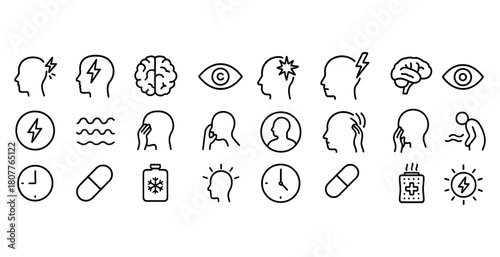 Headache and pain relief icons set depicting symptoms and remedies