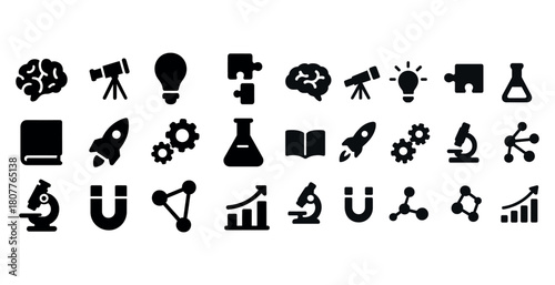Collection of science and education icons including rocket, microscope, and brain