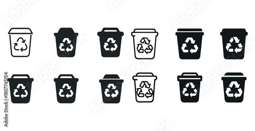 Set of recycling bin icons with recycle symbol in various styles