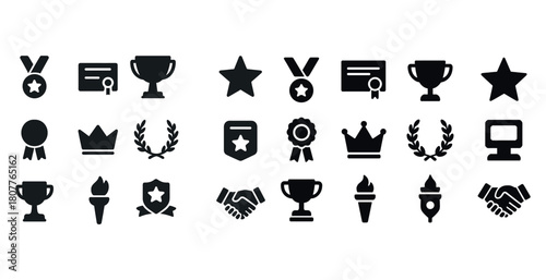 Collection of award and achievement icons: trophies, medals, certificates, stars, crowns, laurel