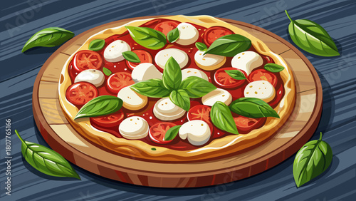 Very beautiful classic Margherita pizza featuring fresh mozzarella, vibrant basil leaves, and rich tomato sauce, arranged on a rustic wooden board with a light drizzle of olive oil, styled for clean 