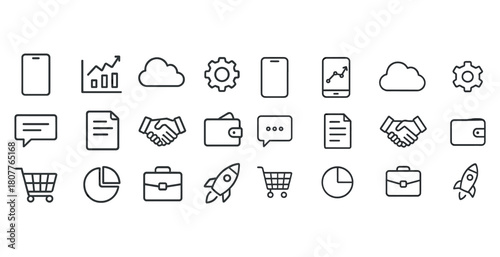 Set of business and technology icons including graph, cloud, handshake, wallet, rocket, shopping cart