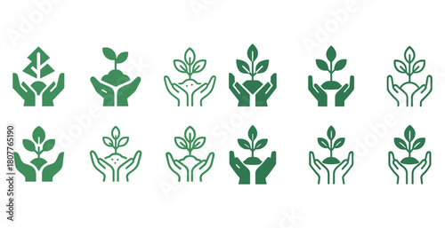 Collection of green plant growth icons with hands holding saplings