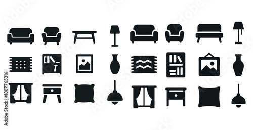 Collection of furniture and home decor icons in black silhouette style