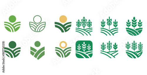 Collection of green agricultural logos featuring plants and fields