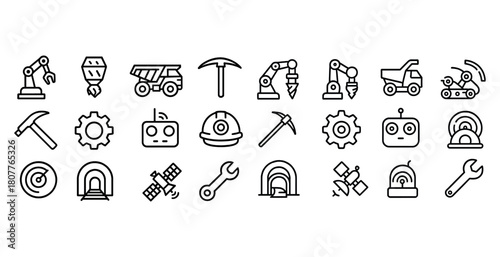 Line art mining icons set featuring machinery and tools