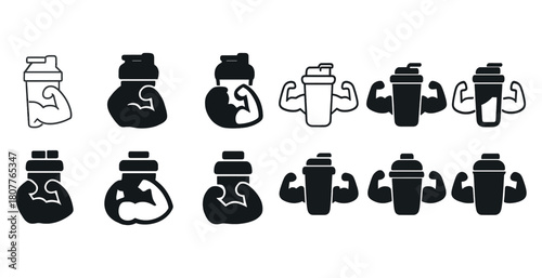 Black and white fitness icons: dumbbell, shaker cup, muscle arm variations