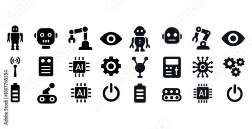 Black and white technology icons featuring robots, ai, and machinery
