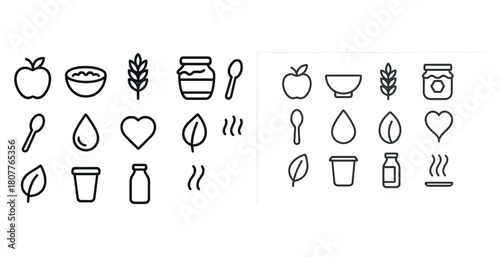 Minimalist food and drink icons collection with fruits and kitchen utensils