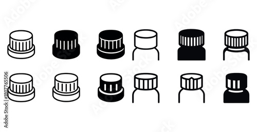 Variety of black and white bottle cap icons in different styles and profiles