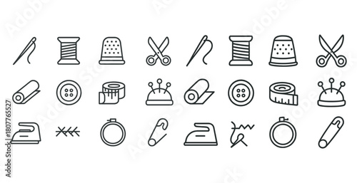 Minimalist sewing tools icons set – needles, threads, scissors, thimbles, pins, iron