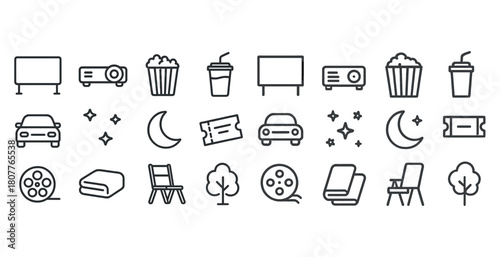 Minimalist icons: movie, popcorn, car, moon, ticket, book, tree, chair