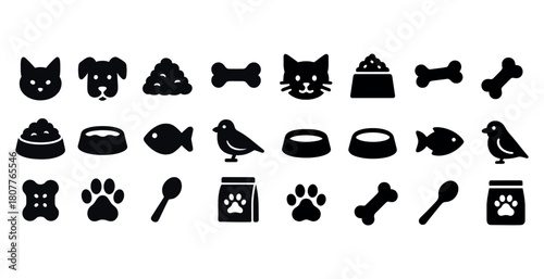 Silhouettes of pet icons: cats, dogs, fish, birds, and accessories
