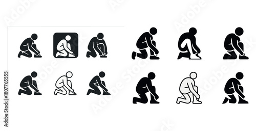 Silhouette icons of people tying shoelaces in various poses
