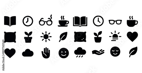 Collection of minimalist black silhouette icons of everyday objects