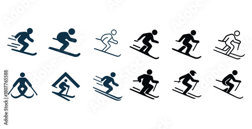 Skiing icons set: diverse poses and styles for winter sport enthusiasts