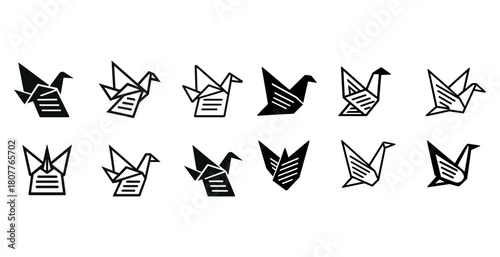 Set of origami bird icons in black and white with various styles