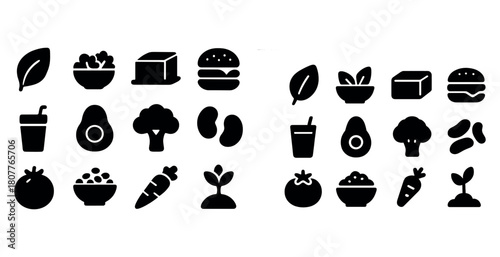 Silhouette icons of food and drink items including vegetables, fruits, and beverages