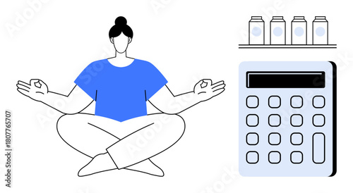 Seated woman meditating in yoga pose beside calculator and four jars on shelf. Ideal for mindfulness, financial balance, budgeting, mental health, stress management, self-care, work-life balance