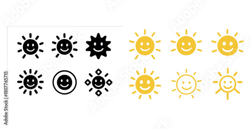 Variety of sun icons with smiling faces in black and yellow